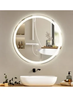 ZMH Spiegel<Badspiegel mit Beleuchtung in nickel rund Ø50cm Dimmbar mit Touch-Schalter
