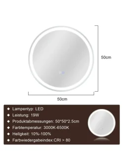 ZMH Spiegel<Badspiegel mit Beleuchtung in nickel rund Ø50cm Dimmbar mit Touch-Schalter
