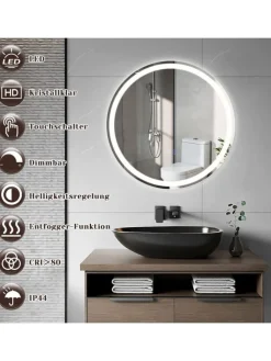 ZMH Spiegel<Badspiegel mit Beleuchtung in nickel rund Ø50cm Dimmbar mit Touch-Schalter