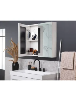 Beliani Badezimmermöbel<Bad-Spiegelschrank NAVARRA in Weiß/Silber - (W) 80 x (H) 70 x (L) 14 cm