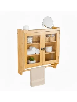 relaxdays Badmöbel<Bambus Hängeschrank in Natur - (B)60 x (H)63 x 18 cm