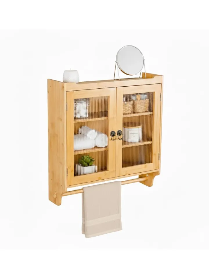 relaxdays Badmöbel<Bambus Hängeschrank in Natur - (B)60 x (H)63 x 18 cm