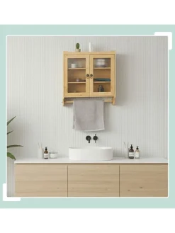 relaxdays Badmöbel<Bambus Hängeschrank in Natur - (B)60 x (H)63 x 18 cm