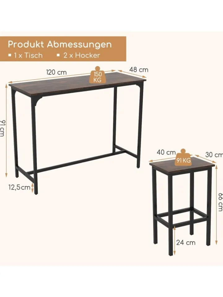 COSTWAY Möbel-Sets<Bartisch mit Barhocker Set in Braun