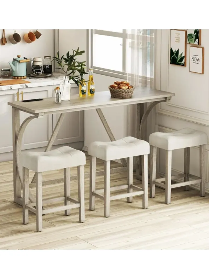 COSTWAY Möbel-Sets<Bartisch Set Massivholz mit 3er Set Barhocker in Beige