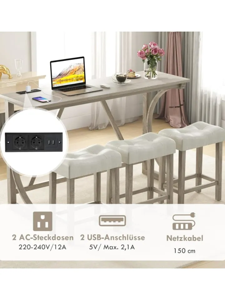 COSTWAY Möbel-Sets<Bartisch Set Massivholz mit 3er Set Barhocker in Beige