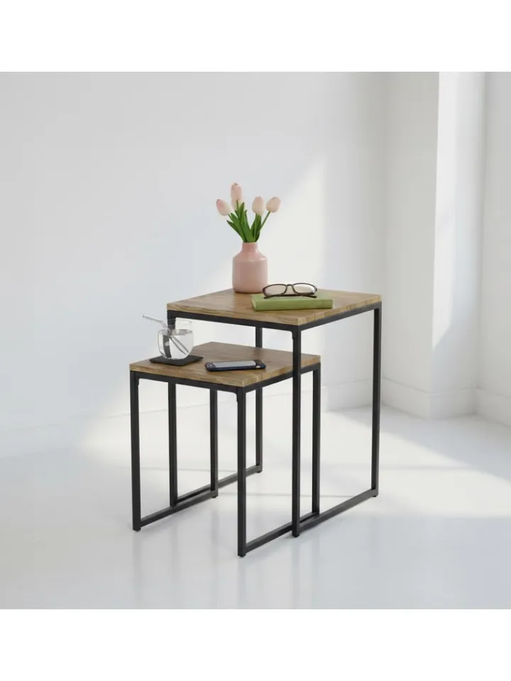 relaxdays Tische<Beistelltisch 2er Set in Holzoptik/ Schwarz