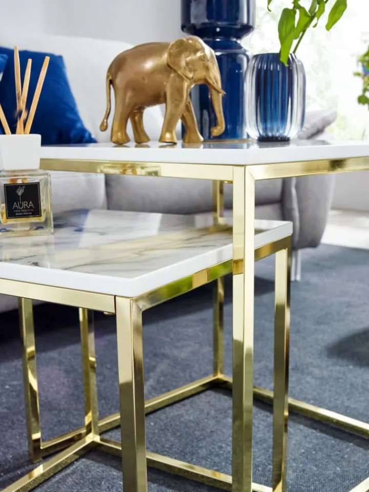 FineBuy Tische<Beistelltisch "SV59799" in Weiß / Weiß / Gold