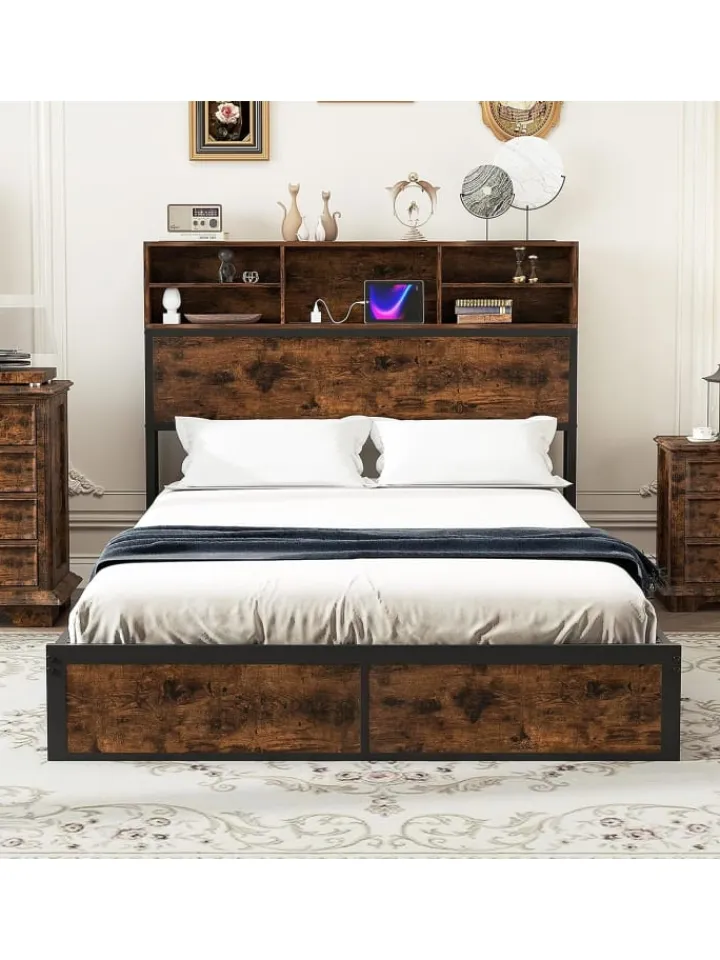 COSTWAY Betten & Matratzen<Bett mit Ladestation in Braun