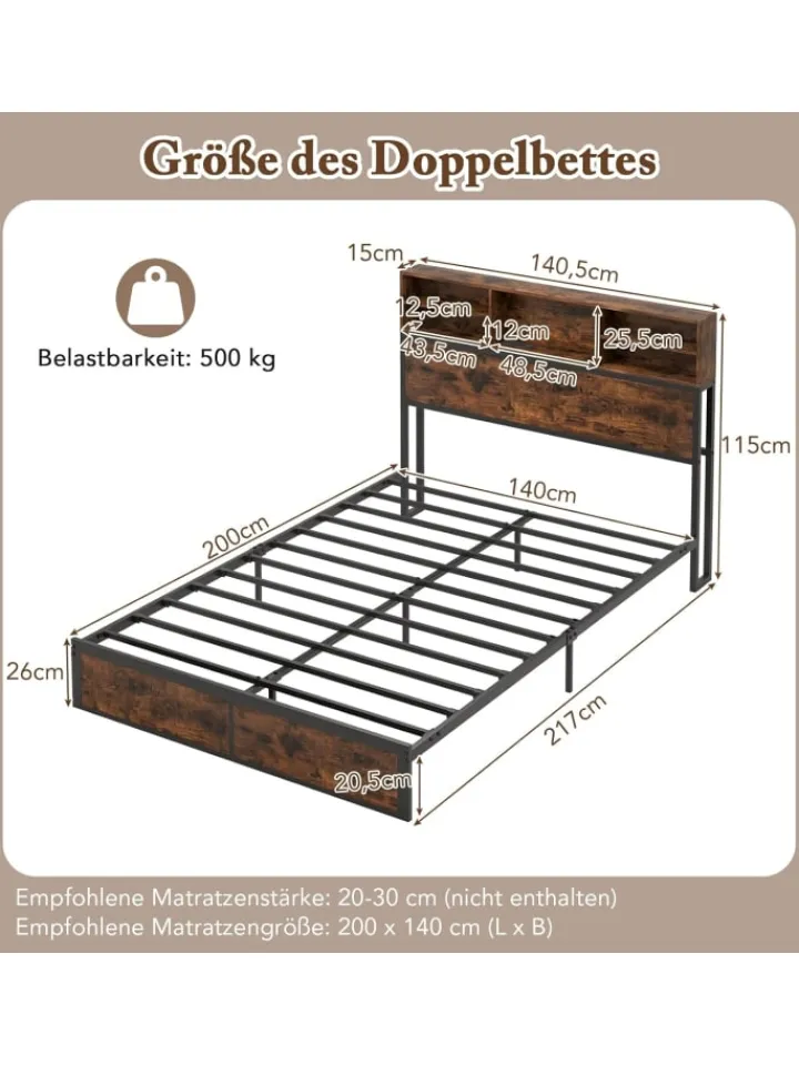 COSTWAY Betten & Matratzen<Bett mit Ladestation in Braun