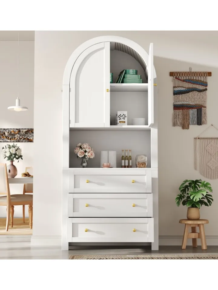 ABRIHOME Regale & Schränke<Bogenschrank in Weiß mit Schubladen Türen und offenem Regal Hoch