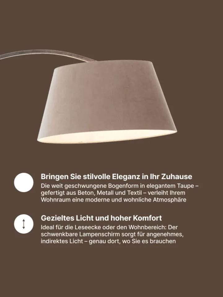 Brilliant Stehleuchten<Brok Bogenlampe, 2 m, Taupe/Grau, E27, schwenkbar, Fußschalter, modern