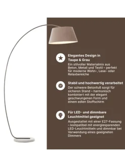 Brilliant Stehleuchten<Brok Bogenlampe, 2 m, Taupe/Grau, E27, schwenkbar, Fußschalter, modern