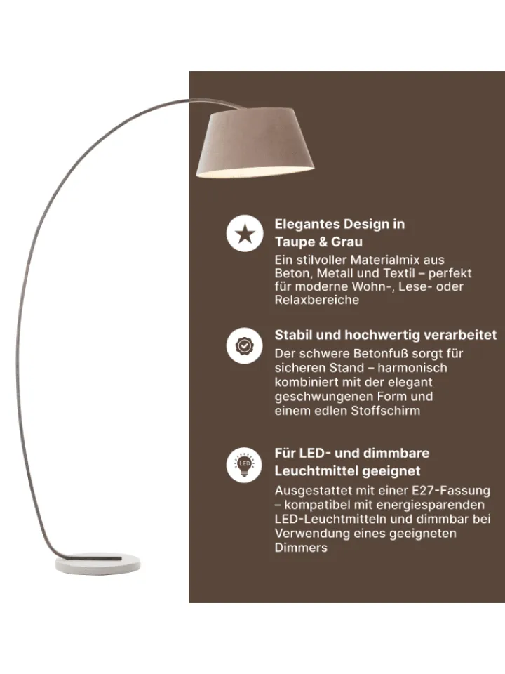 Brilliant Stehleuchten<Brok Bogenlampe, 2 m, Taupe/Grau, E27, schwenkbar, Fußschalter, modern