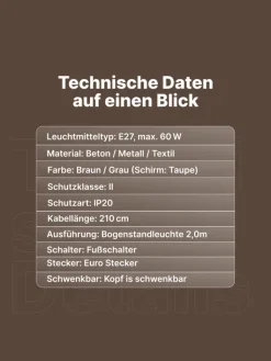 Brilliant Stehleuchten<Brok Bogenlampe, 2 m, Taupe/Grau, E27, schwenkbar, Fußschalter, modern