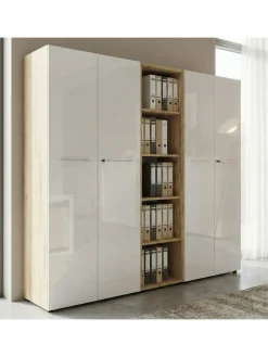 KADIMA DESIGN Möbel-Sets<Büro-Set 2 Schränke & Regal, 240cm breit, Glasfront in Chalet-Eiche-Nb.-Weiß
