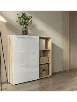 KADIMA DESIGN Möbel-Sets<Büro-Set 2-tlg 120cm hoch Kommode x Regal, Glas Front in Chalet-Eiche-Nb.-Weiß