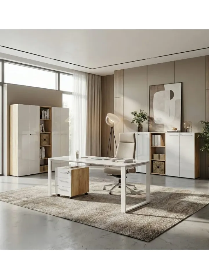 KADIMA DESIGN Möbel-Sets<Büro-Set 2-tlg 120cm hoch Kommode x Regal, Glas Front in Chalet-Eiche-Nb.-Weiß