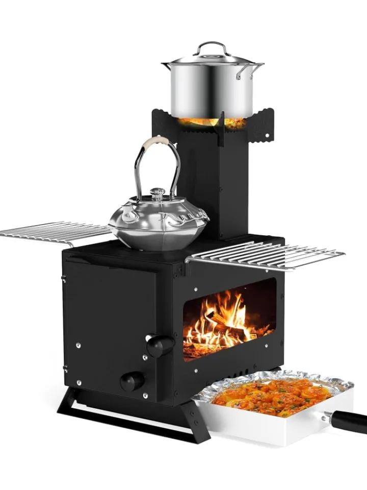 COSTWAY Grillen<Campingofen mit Topfgestell tragbar in Schwarz