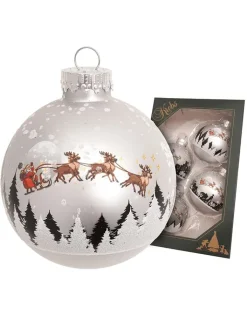 Krebs Glas Lauscha Weihnachtsschmuck<Christbaumkugeln "Santa mit Rentieren" in Silber - 4 Stück - Ø 7 cm