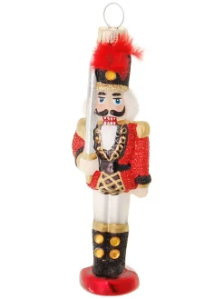 Krebs Glas Lauscha Weihnachtsschmuck<Christbaumornament "Nussknacker mit Gewehr" in Rot/ Bunt - (L)11 cm
