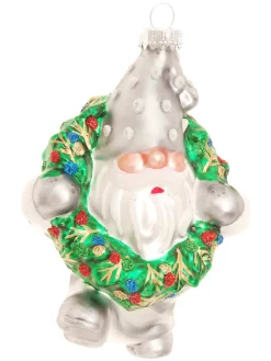 Krebs Glas Lauscha Weihnachtsschmuck<Christbaumornament "Zwerg mit Weihnachtskranz" in Silber/ Grün - (L)12 cm