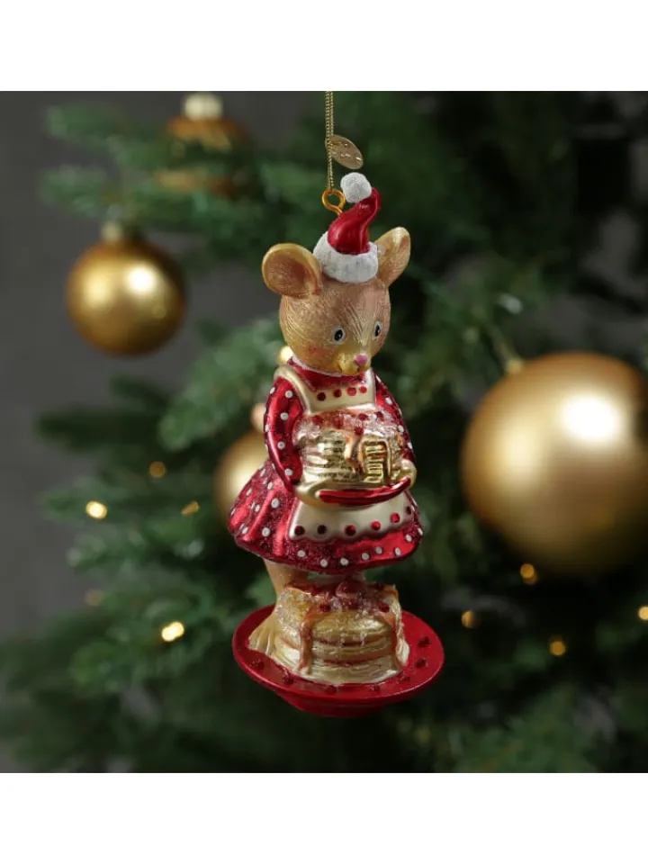 MARELIDA Weihnachtsschmuck<Christbaumschmuck Maus mit Pfannkuchen Glas H: 15cm in rot