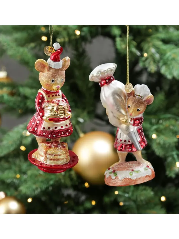 MARELIDA Weihnachtsschmuck<Christbaumschmuck Maus mit Pfannkuchen Glas H: 15cm in rot