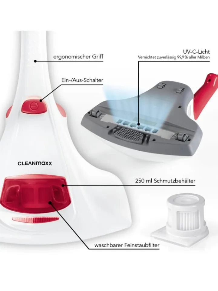 CLEANmaxx Staubsauger<Milben-Handstaubsauger mit UV-C-Licht inkl. 2 Ersatzfilter - weiß/rot