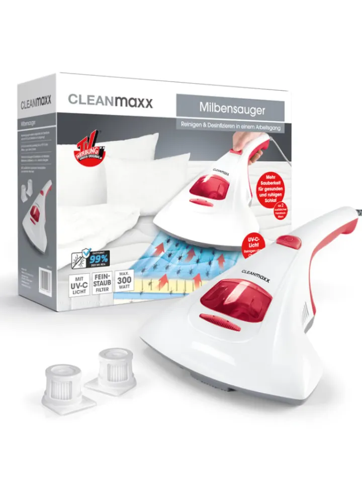CLEANmaxx Staubsauger<Milben-Handstaubsauger mit UV-C-Licht inkl. 2 Ersatzfilter - weiß/rot