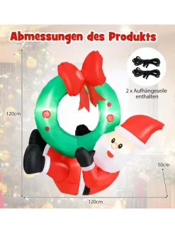 COSTWAY Weihnachtsschmuck<120cm LED Weihnachtsmann mit Kranz in Rot