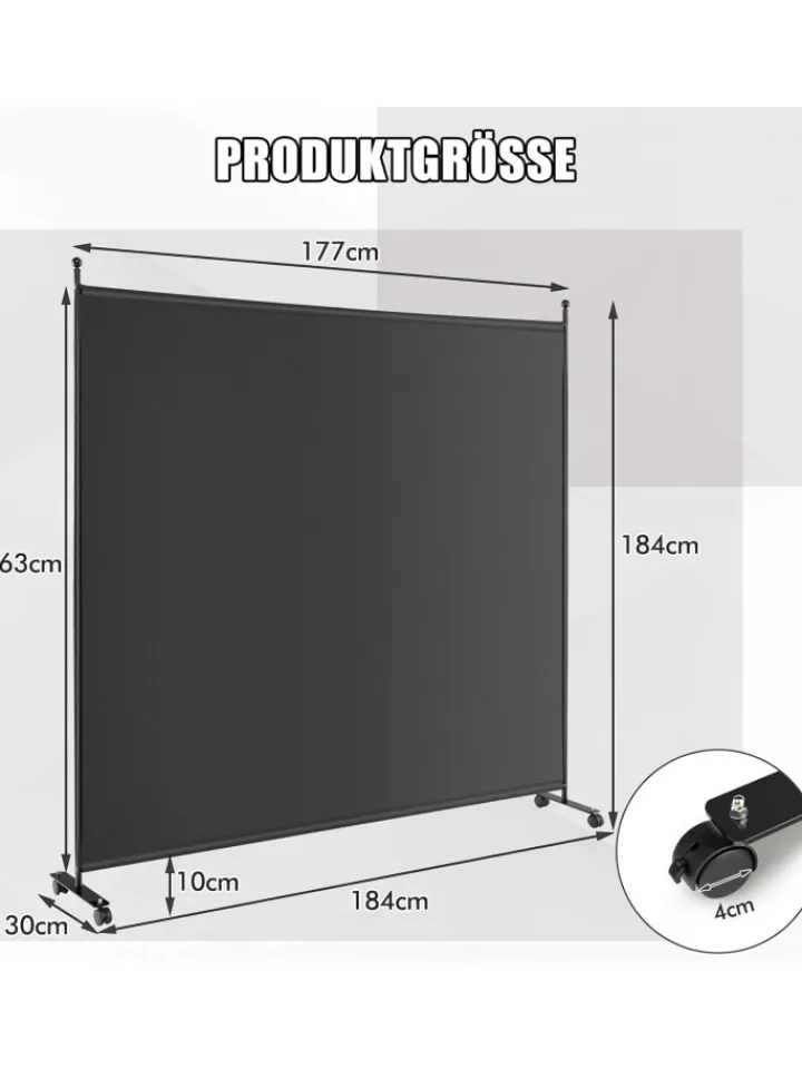 COSTWAY Paravents<184cm Raumteiler auf Rollen in Schwarz