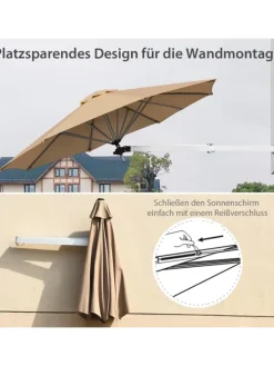COSTWAY Gartenmöbel<Ø247cm Sonnenschirm wandmontiert in Hellbraun
