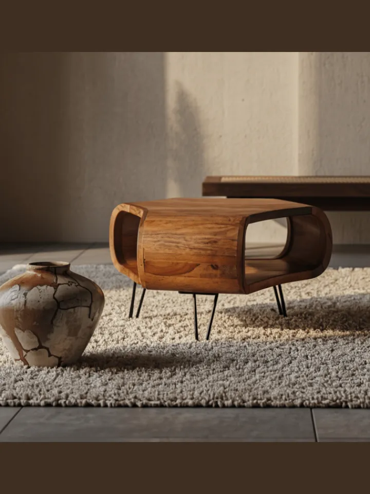 KADIMA DESIGN Tische<Couchtisch | Sheesham, 55x55x38cm, Ablage, Metallgestell