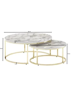 KADIMA DESIGN Tische<Couchtisch 2er-Set | Marmor-Optik Weiß-Gold, Metall, Rund in Gold