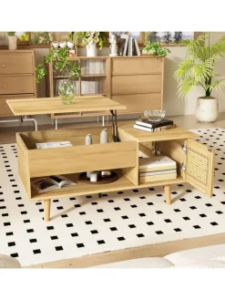 ABRIHOME Tische<Couchtisch in Braun mit anhebbarer Platte und Rattantüren Stauraum Funktion