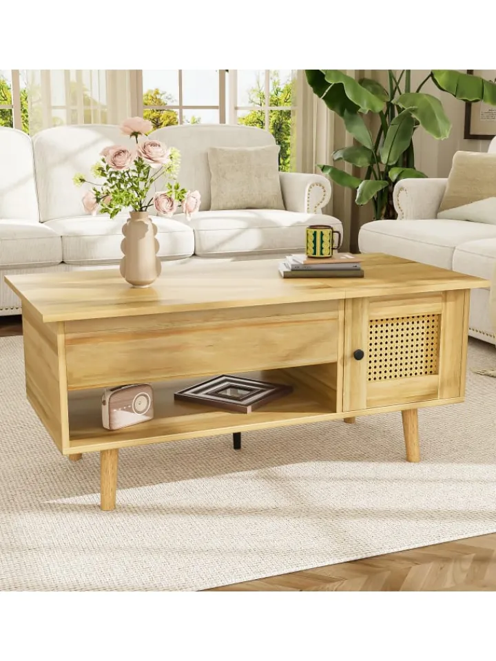 ABRIHOME Tische<Couchtisch in Braun mit anhebbarer Platte und Rattantüren Stauraum Funktion