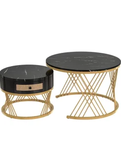 ABRIHOME Tische<Couchtisch in Schwarz 2-in-1 set mit Marmorplatte Ø70/50 cm, H 45/38cm