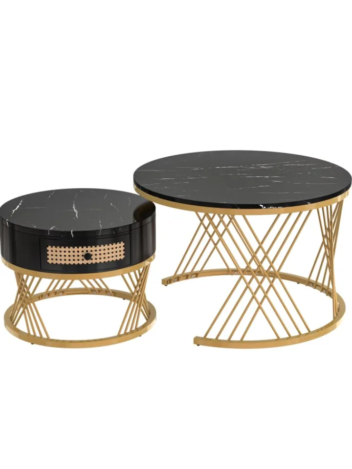 ABRIHOME Tische<Couchtisch in Schwarz 2-in-1 set mit Marmorplatte Ø70/50 cm, H 45/38cm