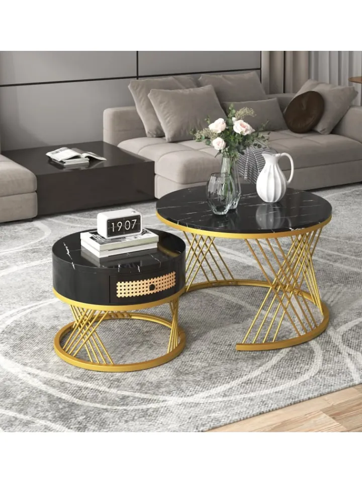 ABRIHOME Tische<Couchtisch in Schwarz 2-in-1 set mit Marmorplatte Ø70/50 cm, H 45/38cm