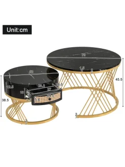 ABRIHOME Tische<Couchtisch in Schwarz 2-in-1 set mit Marmorplatte Ø70/50 cm, H 45/38cm