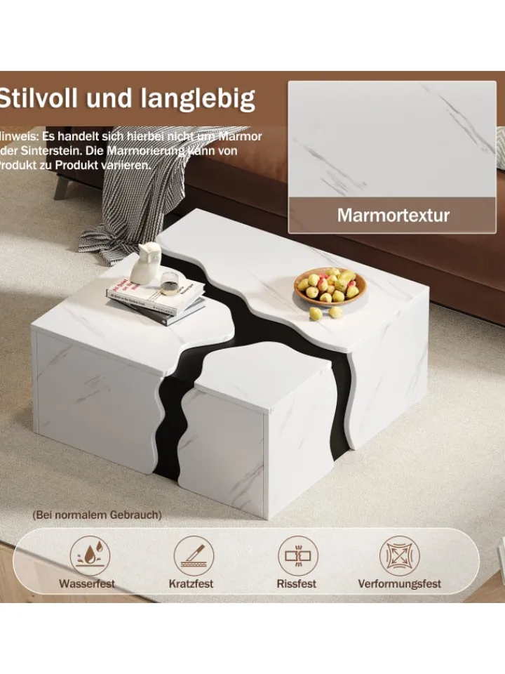 ABRIHOME Tische<Couchtisch mit Schublade in Weiß, Würfelform & Marmoroptik