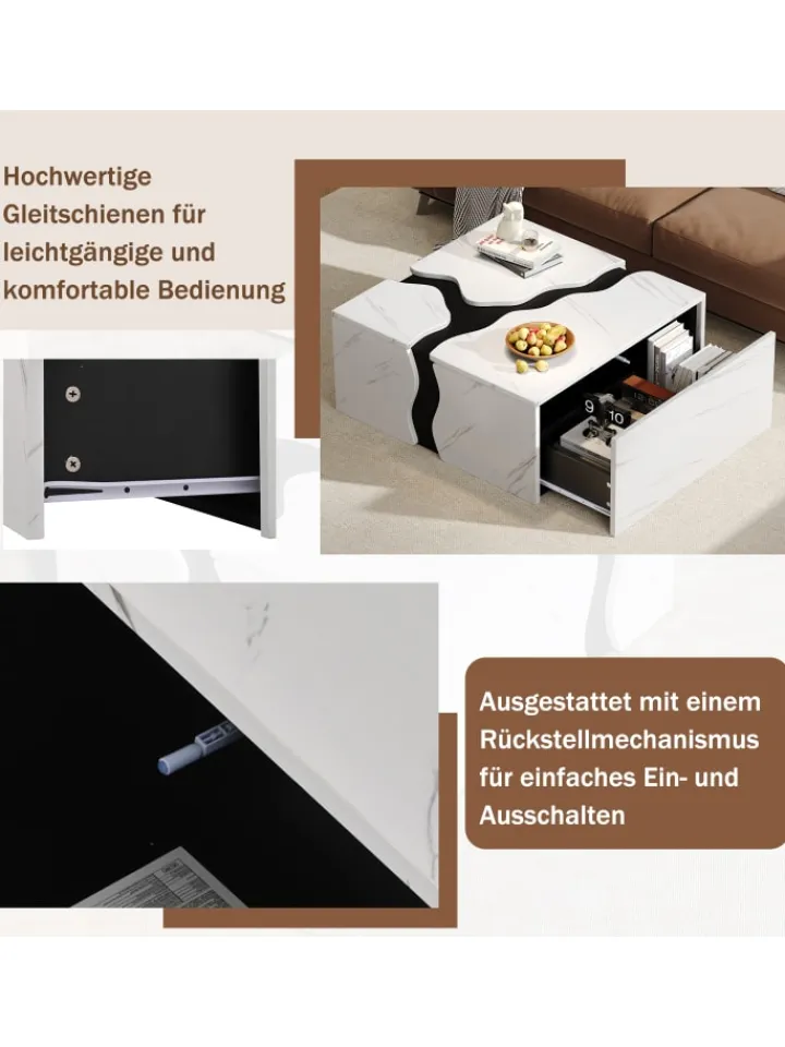 ABRIHOME Tische<Couchtisch mit Schublade in Weiß, Würfelform & Marmoroptik
