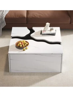 ABRIHOME Tische<Couchtisch mit Schublade in Weiß, Würfelform & Marmoroptik