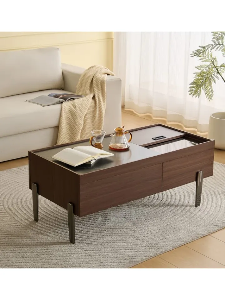 ABRIHOME Tische<Couchtisch mit Schubladen & Glasplatte in Dunkelbraun