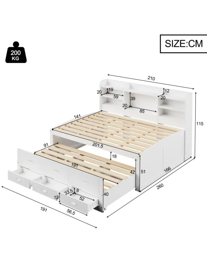 ABRIHOME Betten & Matratzen<Daybett in Weiß 140x200 cm mit LED USB und 3 Schubladen ohne Matratze