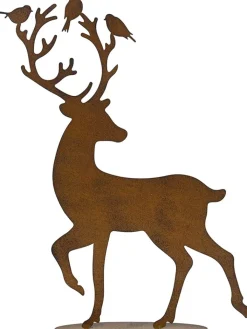 POSIWIO Gartendekoration|Gartendekoration<Dekoaufsteller "Hirsch mit Vögeln" in Hellbraun - (B)39,5 x (H)52 cm