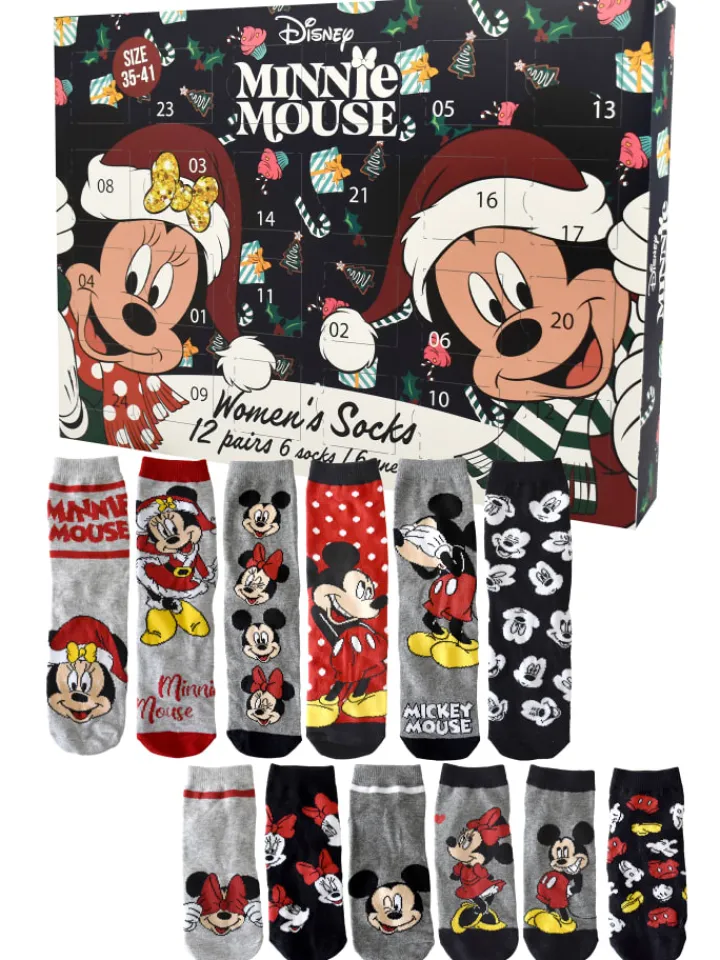 MINNIE MOUSE Adventskalender<Disney Socken Adventskalender 12 Paar kurz und lang in Mehrfarbig