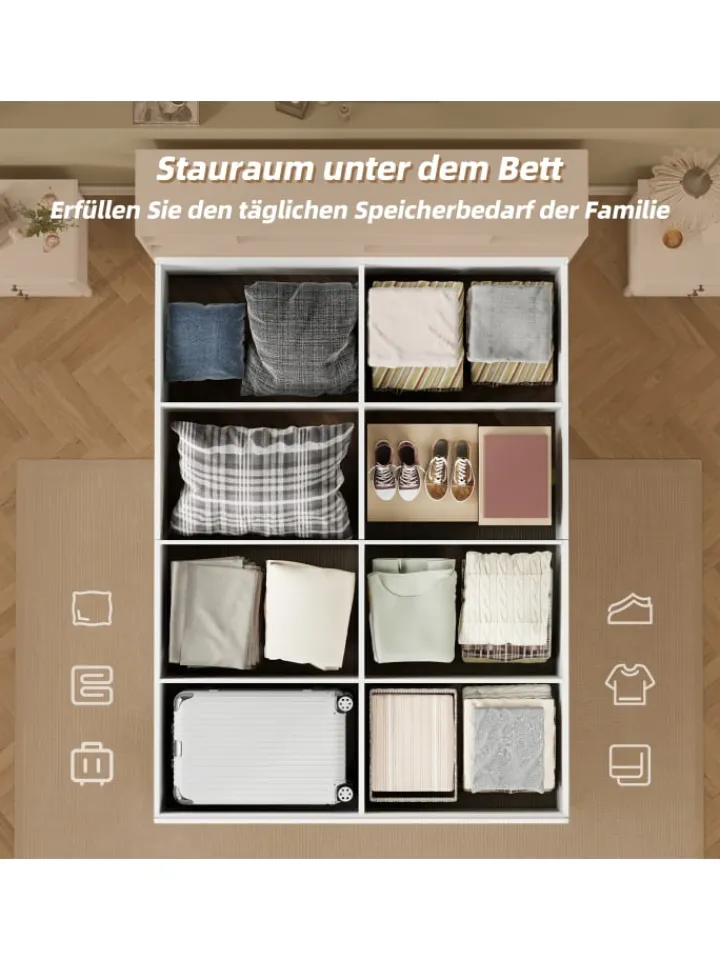 ABRIHOME Betten & Matratzen<Doppelbett Massivholzbett mit USB-Anschluss und Stauraum 140x200cm in Weiß