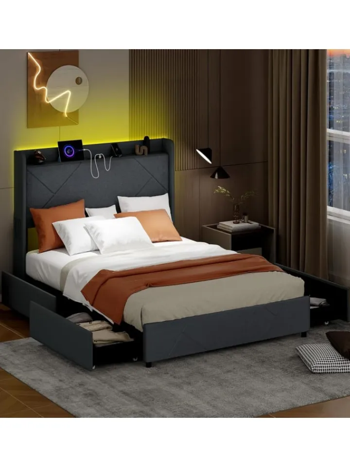 COSTWAY Betten & Matratzen<Doppelbettgestell inkl. LED 200 x 140 cm in Grau